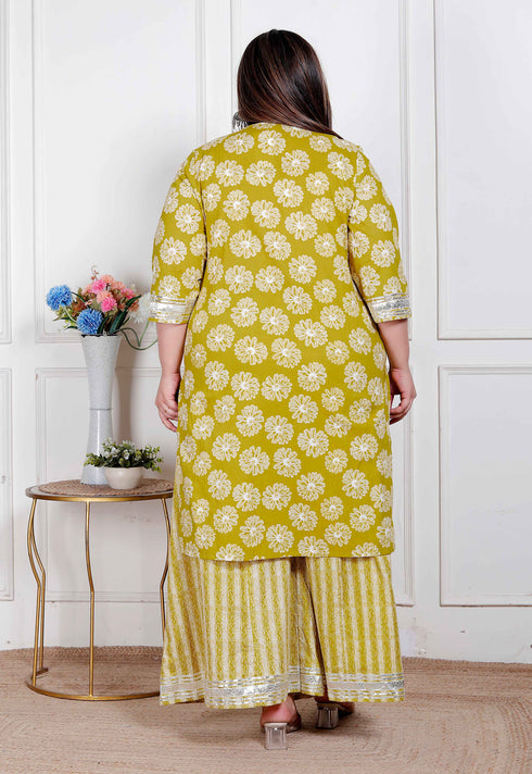 Miravan Plus Size Womens Lime Yellow Embroidered Straight Kurta with Palazzo and Dupatta