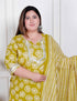 Miravan Plus Size Womens Lime Yellow Embroidered Straight Kurta with Palazzo and Dupatta