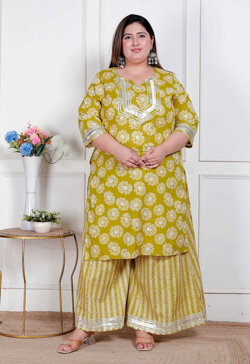 Miravan Plus Size Womens Lime Yellow Block Printed Kurta with Palazzo