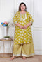 Miravan Plus Size Womens Lime Yellow Block Printed Kurta with Palazzo
