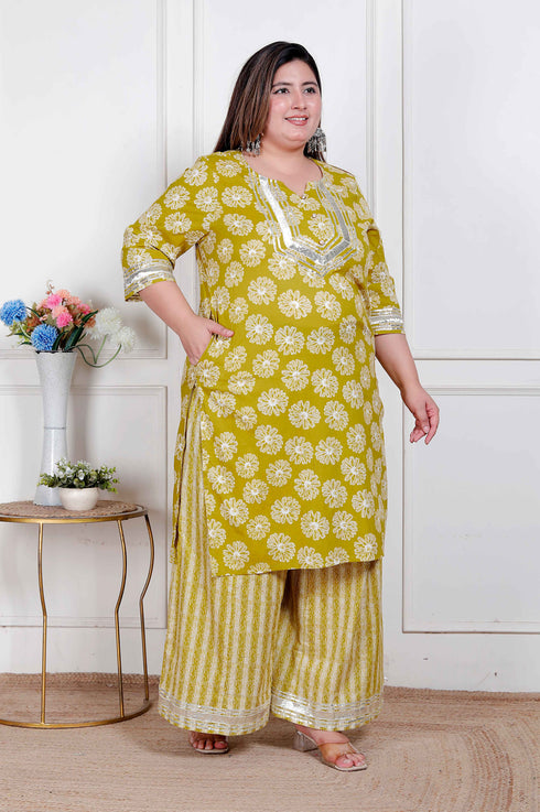 Miravan Plus Size Womens Lime Yellow Block Printed Kurta with Palazzo