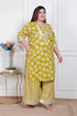 Miravan Plus Size Womens Lime Yellow Block Printed Kurta with Palazzo