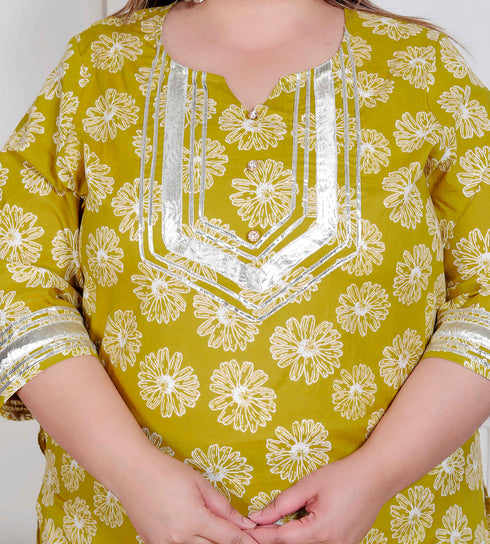 Miravan Plus Size Womens Lime Yellow Block Printed Kurta with Palazzo