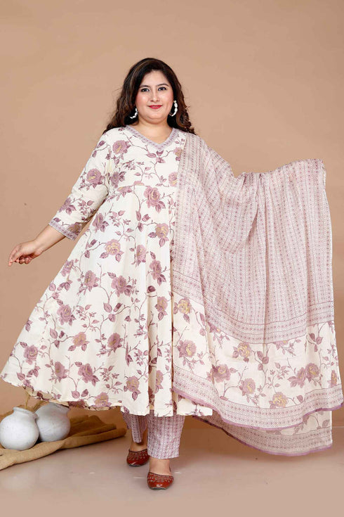 Miravan WomenS Plus Size Pink Floral Print Anarkali Kurta With Palazzo and Dupatta Set