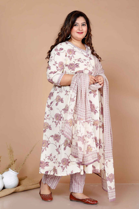 Miravan WomenS Plus Size Pink Floral Print Anarkali Kurta With Palazzo and Dupatta Set