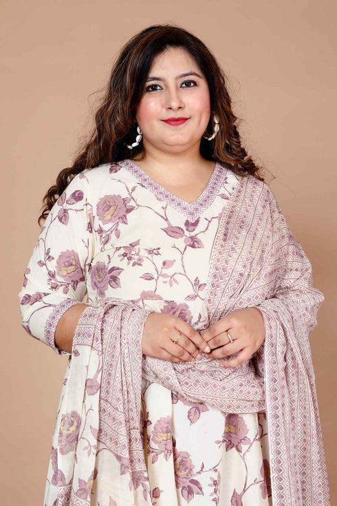 Miravan WomenS Plus Size Pink Floral Print Anarkali Kurta With Palazzo and Dupatta Set