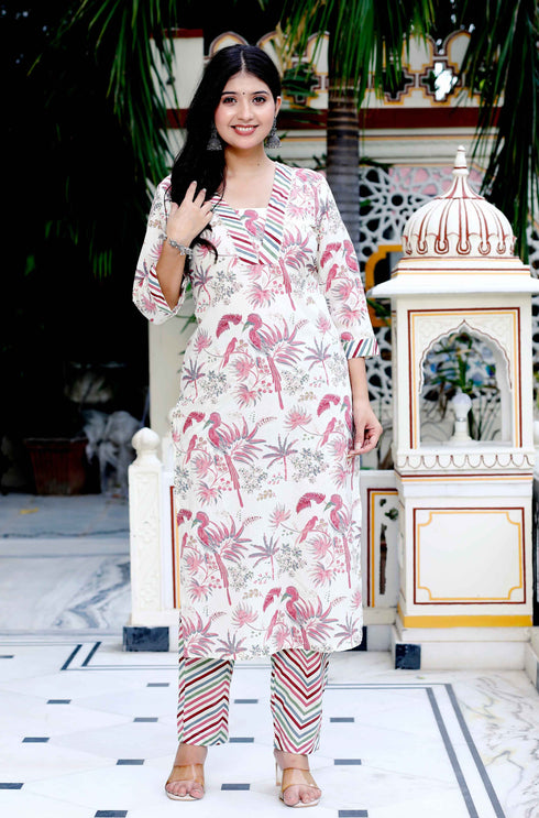 Miravan Womens Cotton Light Pink Floral Printed Straight Pakistani Style Kurta And Palazzo