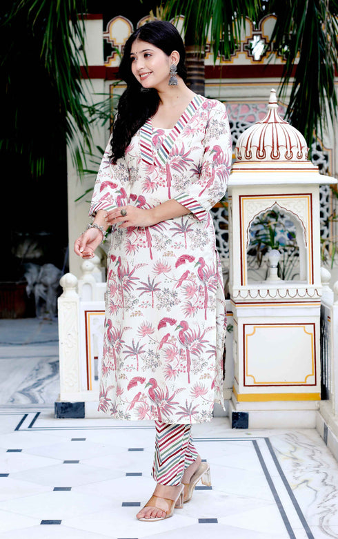 Miravan Womens Cotton Light Pink Floral Printed Straight Pakistani Style Kurta And Palazzo