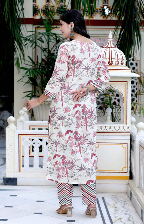 Miravan Womens Cotton Light Pink Scenic Birds And Leaf Straight Pakistani Style Suit Set