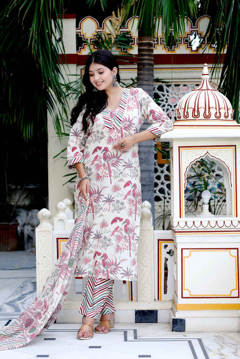 Miravan Womens Cotton Light Pink Scenic Birds And Leaf Straight Pakistani Style Suit Set
