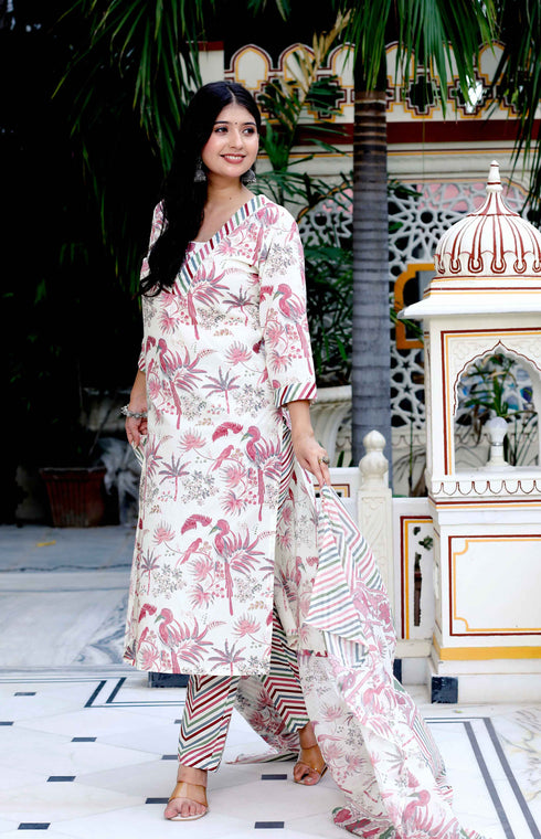 Miravan Womens Cotton Light Pink Scenic Birds And Leaf Straight Pakistani Style Suit Set