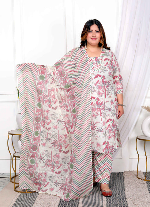 Miravan Womens Plus Size Cotton Light Pink Scenic Birds And Leaf Floral Printed Straight Pakistani Style Suit Set