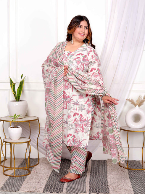 Miravan Womens Plus Size Cotton Light Pink Scenic Birds And Leaf Floral Printed Straight Pakistani Style Suit Set