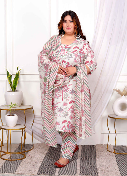 Miravan Womens Plus Size Cotton Light Pink Scenic Birds And Leaf Floral Printed Straight Pakistani Style Suit Set