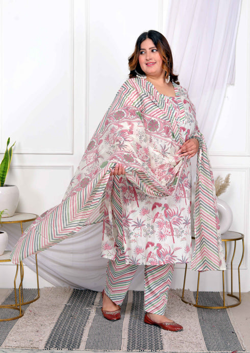 Miravan Womens Plus Size Cotton Light Pink Scenic Birds And Leaf Floral Printed Straight Pakistani Style Suit Set