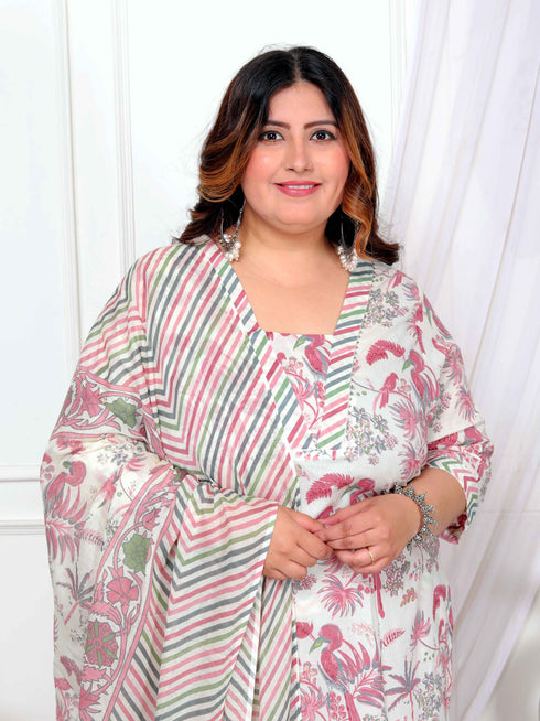 Miravan Womens Plus Size Cotton Light Pink Scenic Birds And Leaf Floral Printed Straight Pakistani Style Suit Set