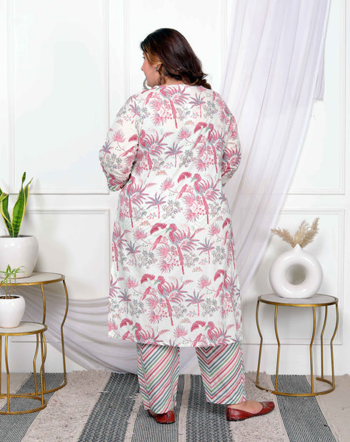 Miravan Womens Plus Size Light Pink Scenic Birds And Leaf Floral Printed Cotton Straight Pakistani Style Kurta And Palazzo