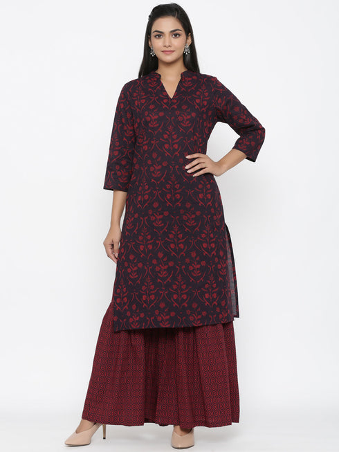 Miravan Womens Maroon Cotton Floral Print Straight Kurta Sharara Set