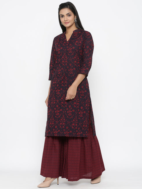 Miravan Womens Maroon Cotton Floral Print Straight Kurta Sharara Set