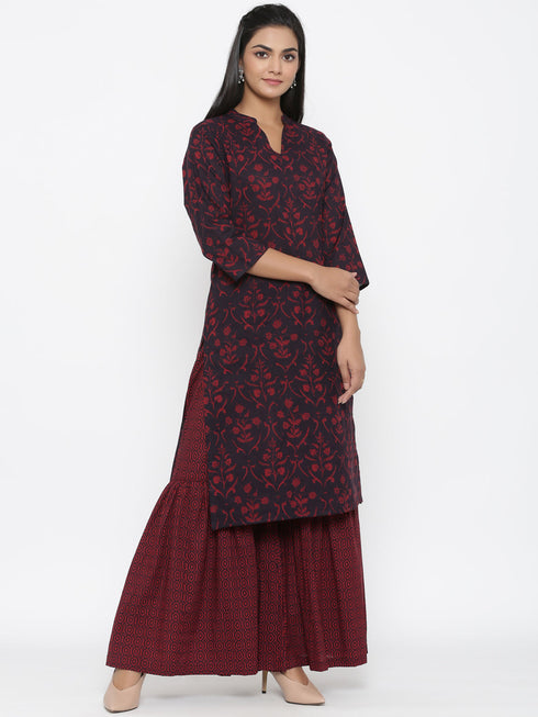 Miravan Womens Maroon Cotton Floral Print Straight Kurta Sharara Set