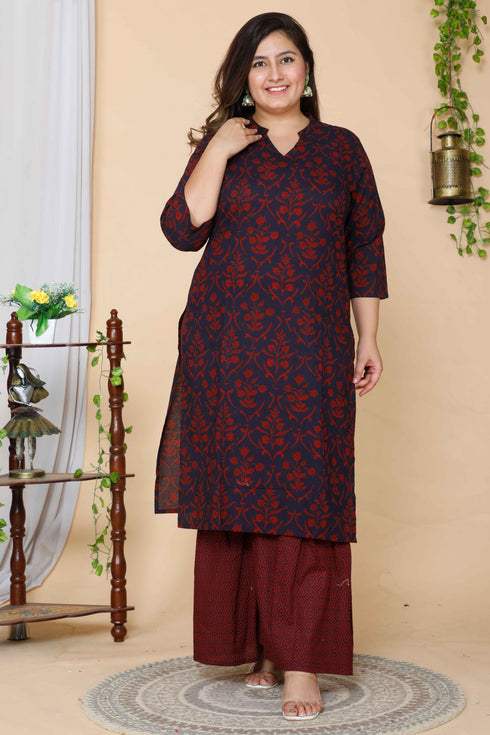 Miravan Womens Plus Size Maroon Floral Pure Cotton Kurta With Sharara