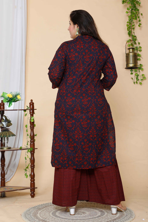Miravan Womens Plus Size Maroon Floral Pure Cotton Kurta With Sharara