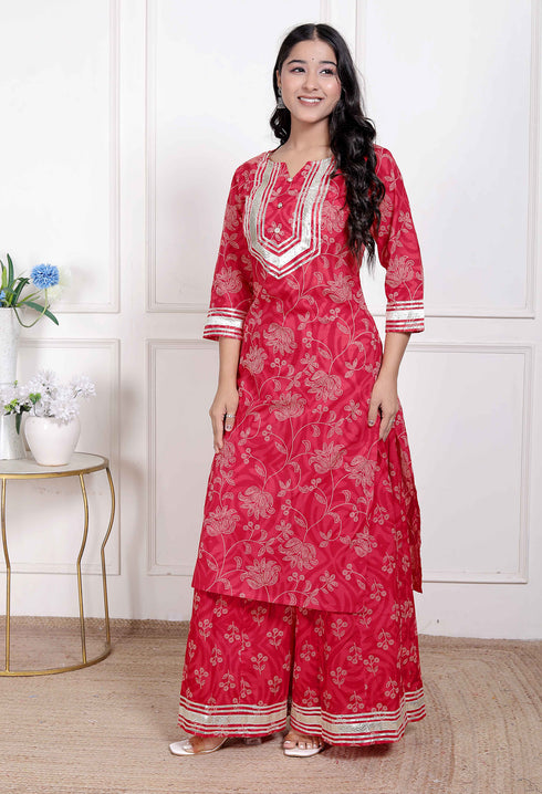 Miravan womens Red cotton Gota Work Kurta with Palazzo
