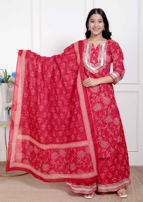 Miravan Red Floral Print Embroidered cotton Straight Kurta with Palazzo and Dupatta