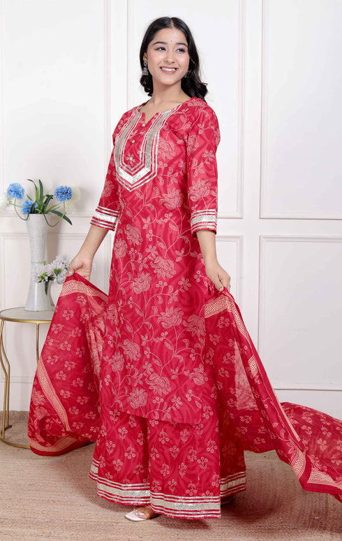 Miravan Red Floral Print Embroidered cotton Straight Kurta with Palazzo and Dupatta