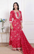 Miravan Red Floral Print Embroidered cotton Straight Kurta with Palazzo and Dupatta