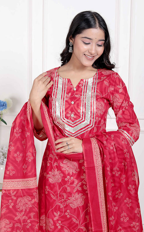 Miravan Red Floral Print Embroidered cotton Straight Kurta with Palazzo and Dupatta