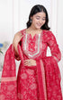 Miravan Red Floral Print Embroidered cotton Straight Kurta with Palazzo and Dupatta