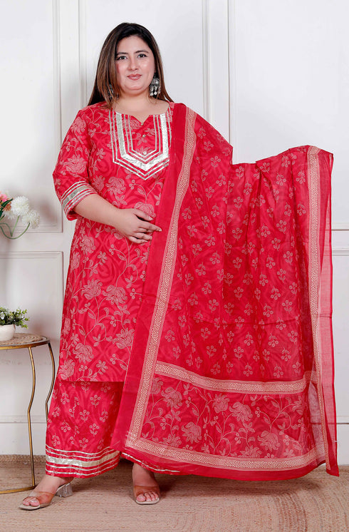 Miravan Plus Size Red Floral Print Embroidered cotton Straight Kurta with Palazzo and Dupatta
