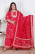 Miravan Plus Size Red Floral Print Embroidered cotton Straight Kurta with Palazzo and Dupatta
