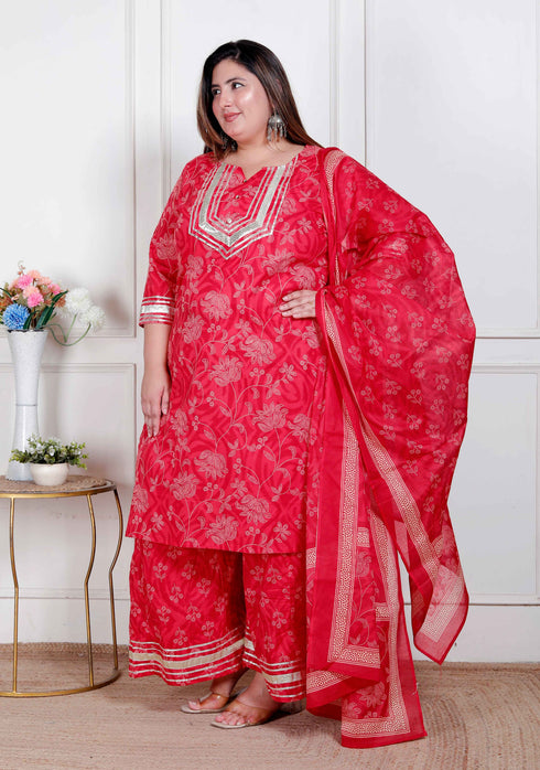Miravan Plus Size Red Floral Print Embroidered cotton Straight Kurta with Palazzo and Dupatta