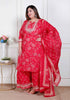 Miravan Plus Size Red Floral Print Embroidered cotton Straight Kurta with Palazzo and Dupatta