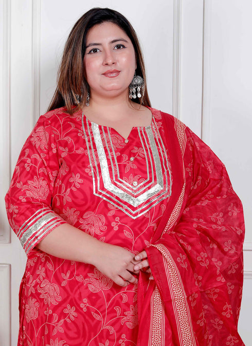 Miravan Plus Size Red Floral Print Embroidered cotton Straight Kurta with Palazzo and Dupatta