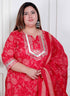 Miravan Plus Size Red Floral Print Embroidered cotton Straight Kurta with Palazzo and Dupatta