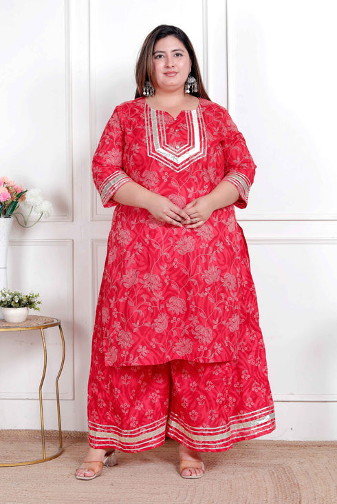 Miravan womens Plus Size Red cotton Gota Work Kurta with Palazzo