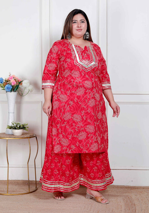 Miravan womens Plus Size Red cotton Gota Work Kurta with Palazzo