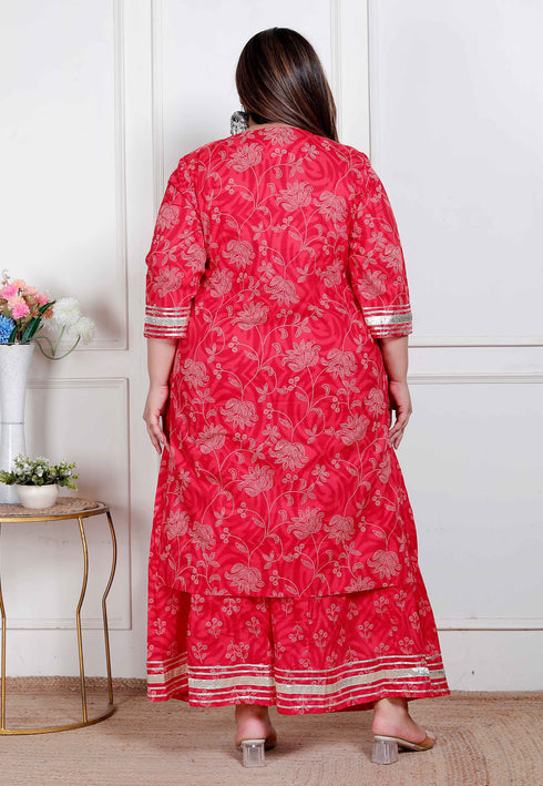 Miravan womens Plus Size Red cotton Gota Work Kurta with Palazzo