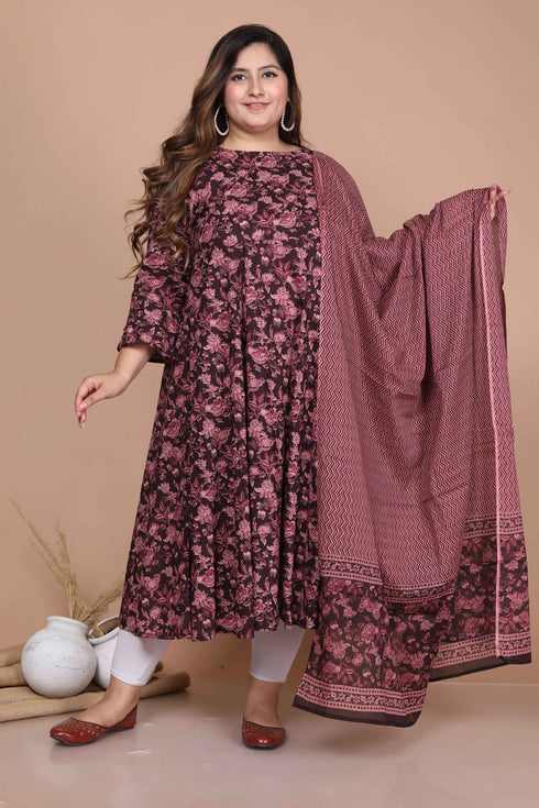 Miravan Womens Plus Size Stunning Maroon Bell Sleeve Floral Printed Anarkali Kurta Dupatta