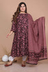 Miravan Womens Plus Size Stunning Maroon Bell Sleeve Floral Printed Anarkali Kurta Dupatta