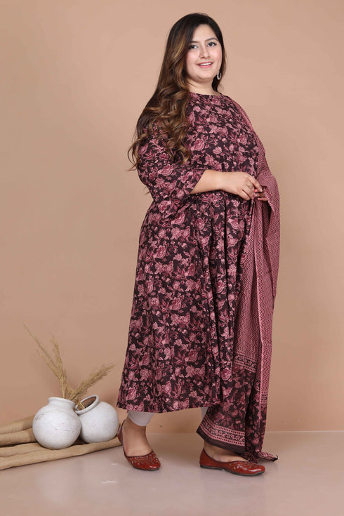 Miravan Womens Plus Size Stunning Maroon Bell Sleeve Floral Printed Anarkali Kurta Dupatta