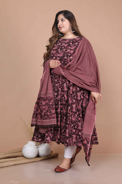 Miravan Womens Plus Size Stunning Maroon Bell Sleeve Floral Printed Anarkali Kurta Dupatta