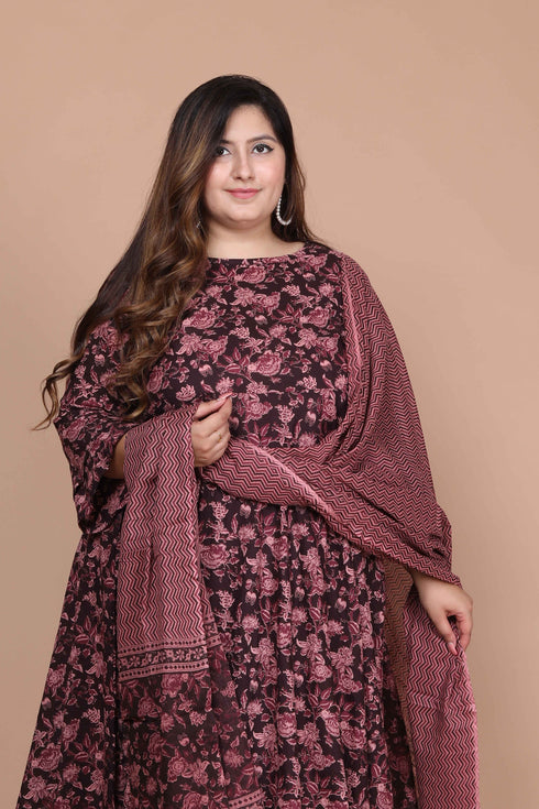Miravan Womens Plus Size Stunning Maroon Bell Sleeve Floral Printed Anarkali Kurta Dupatta
