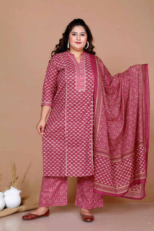 Miravan WomenS Plus Size Pink Straight Floral Printed Kurta and Palazzo With Dupatta Set