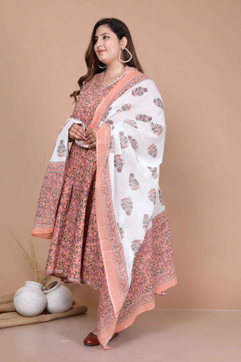 Miravan Womens Plus Size Surpassing Orange Partywear Floral Printed Anarkali Kurta Dupatta