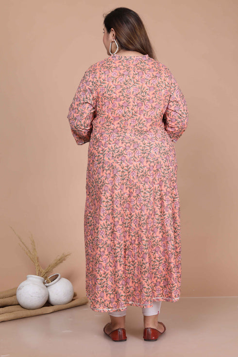 Miravan Womens Plus Size Surpassing Orange Partywear Floral Printed Anarkali Kurta Dupatta