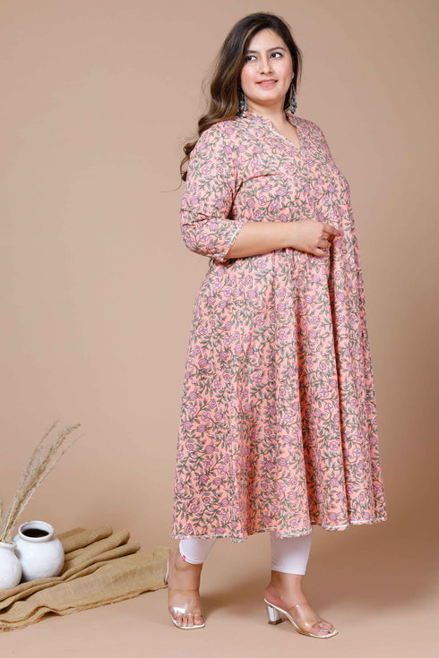 Miravan Womens Peach Plus Size Cotton Floral Printed Anarkali Kurta